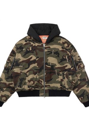 Vintage Camo Distressed Wash Heavy-Duty Loose-Fit Hooded Cotton Jacket for Men - 90s Inspired Urban Style Outerwear
