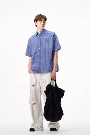Vintage Casual Blue Plaid Short-Sleeve Shirt for Men and Women, Loose-Fitting Versatile City Style for Summer