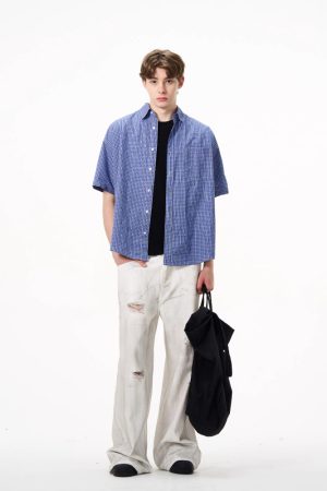 Vintage Casual Blue Plaid Short-Sleeve Shirt for Men and Women, Loose-Fitting Versatile City Style for Summer