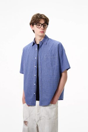 Vintage Casual Blue Plaid Short-Sleeve Shirt for Men and Women, Loose-Fitting Versatile City Style for Summer