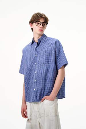 Vintage Casual Blue Plaid Short-Sleeve Shirt for Men and Women, Loose-Fitting Versatile City Style for Summer