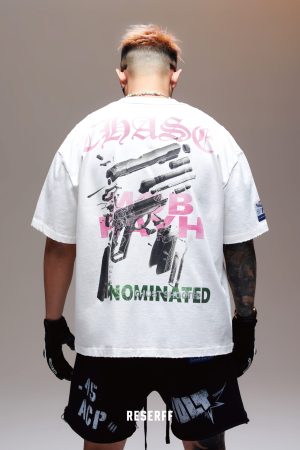 Vintage Casual Loose T-Shirt with Distressed Print - Tactical Breakdown Design, Short Sleeve - Retro 90s Style Tee