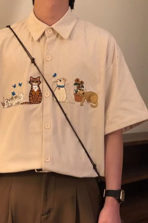 Vintage Cat Embroidery Corduroy Short Sleeve Shirt for Men & Women - Summer College Style, Loose Casual Versatile Top