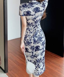 Vintage Chinese Ink Wash Printed Split Mid-Length Qipao Dress for Women - Republican Style, Elegant Retro Fashion