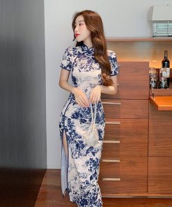 Vintage Chinese Ink Wash Printed Split Mid-Length Qipao Dress for Women - Republican Style, Elegant Retro Fashion