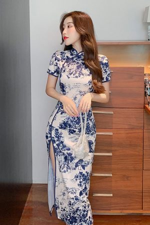 Vintage Chinese Ink Wash Printed Split Mid-Length Qipao Dress for Women - Republican Style, Elegant Retro Fashion