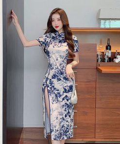 Vintage Chinese Ink Wash Printed Split Mid-Length Qipao Dress for Women - Republican Style, Elegant Retro Fashion