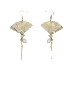 Vintage Chinese-Style Pearl Tassel Folding Fan Clip-On Earrings for Women, Hanfu Long Earrings, National Style, Retro Fashion