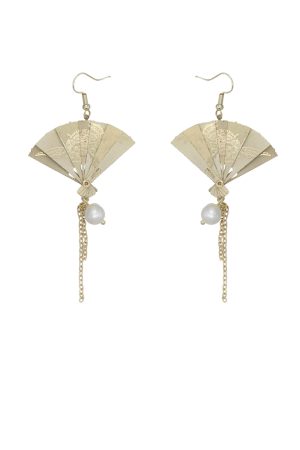 Vintage Chinese-Style Pearl Tassel Folding Fan Clip-On Earrings for Women, Hanfu Long Earrings, National Style, Retro Fashion