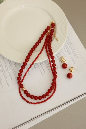 Vintage Chinese Style Zodiac Bead Necklace, Ice Red Agate, Light Luxury Clavicle Jewelry for Autumn Winter, Lucky New Year Accessory