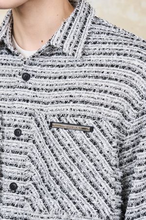 Vintage Coarse Tweed Long Sleeve Shirt with Frayed Hem and Distressed Clean Fit, Y2K Inspired Korean Style Fashion