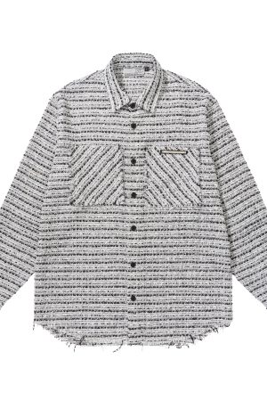 Vintage Coarse Tweed Long Sleeve Shirt with Frayed Hem and Distressed Clean Fit, Y2K Inspired Korean Style Fashion