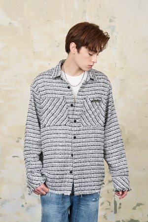 Vintage Coarse Tweed Long Sleeve Shirt with Frayed Hem and Distressed Clean Fit, Y2K Inspired Korean Style Fashion