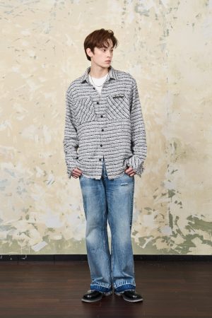 Vintage Coarse Tweed Long Sleeve Shirt with Frayed Hem and Distressed Clean Fit, Y2K Inspired Korean Style Fashion