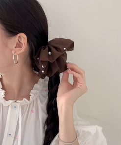 Vintage Coffee Pearl Pleated Skirt Hem Hair Tie - High-End Fashionable Versatile Hair Accessory for Women