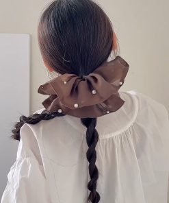 Vintage Coffee Pearl Pleated Skirt Hem Hair Tie - High-End Fashionable Versatile Hair Accessory for Women