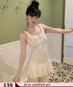 Vintage College Style Polka Dot Pleated Dress with Doll Collar - Elegant Junior Sister Fashion, Perfect for 90s and Y2K Looks