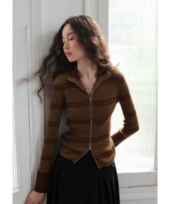 Vintage Color-Block Striped Slim-Fit Ribbed Knit Cardigan in Australian Merino Wool - 90s Inspired Fashion