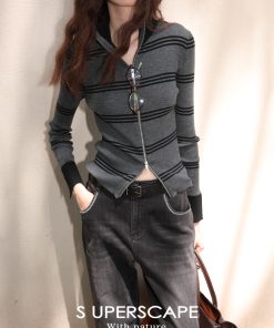 Vintage Color-Block Striped Slim-Fit Ribbed Knit Cardigan in Australian Merino Wool - 90s Inspired Fashion