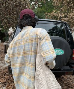 Vintage Corduroy Pocket Plaid Shirt for Men and Women - Long Sleeve Collar Jacket in Trendy Spring Autumn Style