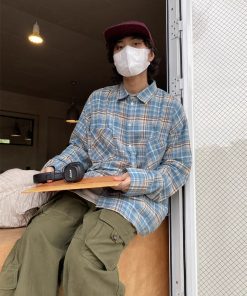 Vintage Corduroy Pocket Plaid Shirt for Men and Women - Long Sleeve Collar Jacket in Trendy Spring Autumn Style