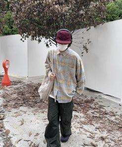 Vintage Corduroy Pocket Plaid Shirt for Men and Women - Long Sleeve Collar Jacket in Trendy Spring Autumn Style