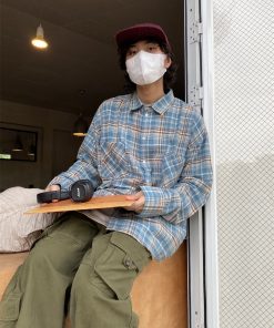 Vintage Corduroy Pocket Plaid Shirt for Men and Women - Long Sleeve Collar Jacket in Trendy Spring Autumn Style