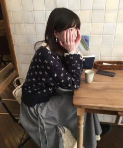 Vintage Crochet Knitted Cardigan with Doll Collar in Pumpkin Angora Velvet - Cute 90s Inspired Sweater