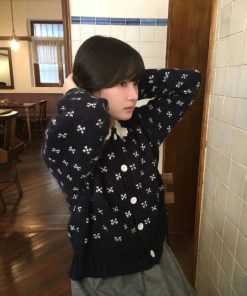 Vintage Crochet Knitted Cardigan with Doll Collar in Pumpkin Angora Velvet - Cute 90s Inspired Sweater