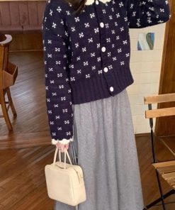 Vintage Crochet Knitted Cardigan with Doll Collar in Pumpkin Angora Velvet - Cute 90s Inspired Sweater