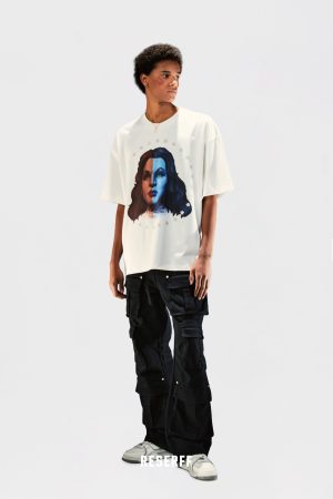 Vintage Crystal Tears Print Short Sleeve T-shirt, Distressed Pure Cotton, Heavyweight Loose Fit, Summer High Street Style for Couples