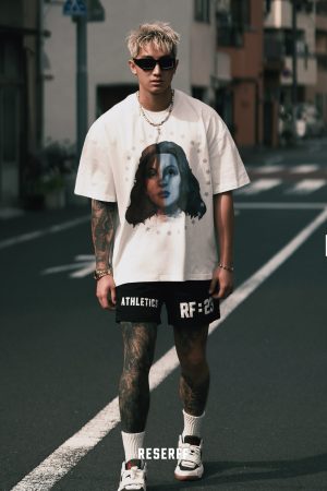 Vintage Crystal Tears Print Short Sleeve T-shirt, Distressed Pure Cotton, Heavyweight Loose Fit, Summer High Street Style for Couples