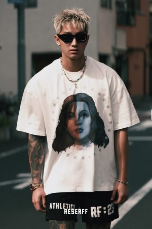 Vintage Crystal Tears Print Short Sleeve T-shirt, Distressed Pure Cotton, Heavyweight Loose Fit, Summer High Street Style for Couples