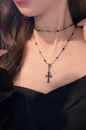 Vintage Dark Cross Thorn Rose Choker Necklace for Women - Sweet Cool Spicy Girl Collar Accessory