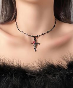 Vintage Dark Cross Thorn Rose Choker Necklace for Women - Sweet Cool Spicy Girl Collar Accessory