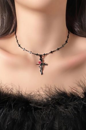 Vintage Dark Cross Thorn Rose Choker Necklace for Women - Sweet Cool Spicy Girl Collar Accessory