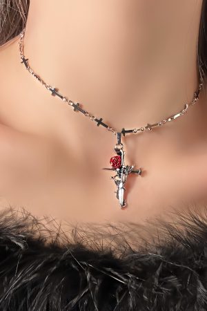 Vintage Dark Cross Thorn Rose Choker Necklace for Women - Sweet Cool Spicy Girl Collar Accessory