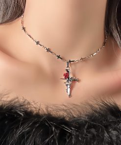 Vintage Dark Cross Thorn Rose Choker Necklace for Women - Sweet Cool Spicy Girl Collar Accessory