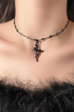 Vintage Dark Cross Thorn Rose Choker Necklace for Women - Sweet Cool Spicy Girl Collar Accessory