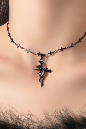 Vintage Dark Cross Thorn Rose Choker Necklace for Women - Sweet Cool Spicy Girl Collar Accessory
