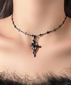 Vintage Dark Cross Thorn Rose Choker Necklace for Women - Sweet Cool Spicy Girl Collar Accessory