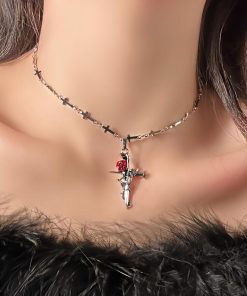Vintage Dark Cross Thorn Rose Choker Necklace for Women - Sweet Cool Spicy Girl Collar Accessory