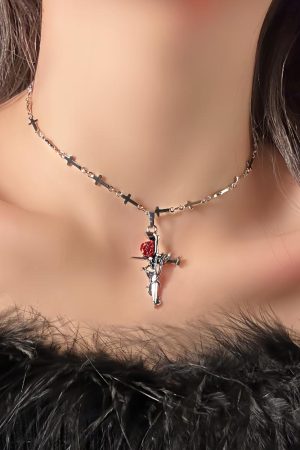 Vintage Dark Cross Thorn Rose Choker Necklace for Women - Sweet Cool Spicy Girl Collar Accessory