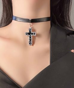 Vintage Dark Cross Thorn Rose Choker Necklace for Women - Sweet Cool Spicy Girl Collar Accessory