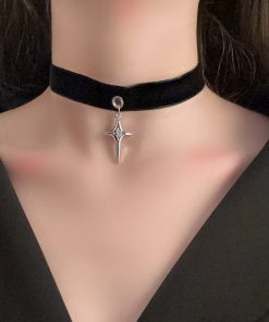 Vintage Dark Style Whale Tang Cross Four-Pointed Star Choker Necklace with Velvet Ribbon - Y2K Inspired Short Neck Chain Accessory
