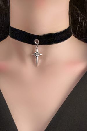 Vintage Dark Style Whale Tang Cross Four-Pointed Star Choker Necklace with Velvet Ribbon - Y2K Inspired Short Neck Chain Accessory