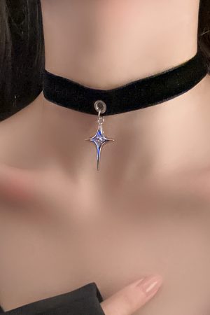 Vintage Dark Style Whale Tang Cross Four-Pointed Star Choker Necklace with Velvet Ribbon - Y2K Inspired Short Neck Chain Accessory