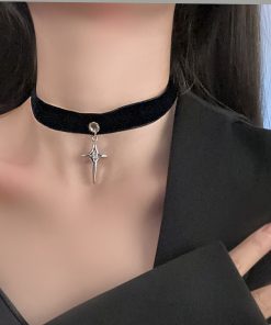 Vintage Dark Style Whale Tang Cross Four-Pointed Star Choker Necklace with Velvet Ribbon - Y2K Inspired Short Neck Chain Accessory
