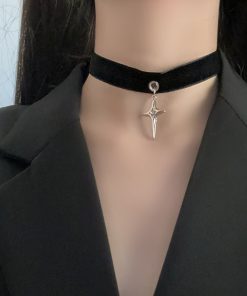 Vintage Dark Style Whale Tang Cross Four-Pointed Star Choker Necklace with Velvet Ribbon - Y2K Inspired Short Neck Chain Accessory