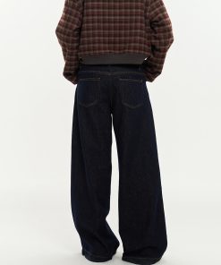 Vintage Deep Blue Wide-Leg Jeans for Women - Autumn Versatile Loose Slim Fit - 90s Inspired Fashion